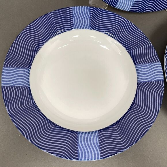 Crate & Barrel Rafia Blue White Waves Wavy Bowls Lead & Cadmium Free Lot of 3 - Picture 3 of 14